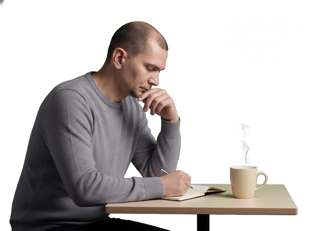 Andrei at the desk, mid-thought, coffee within reach.